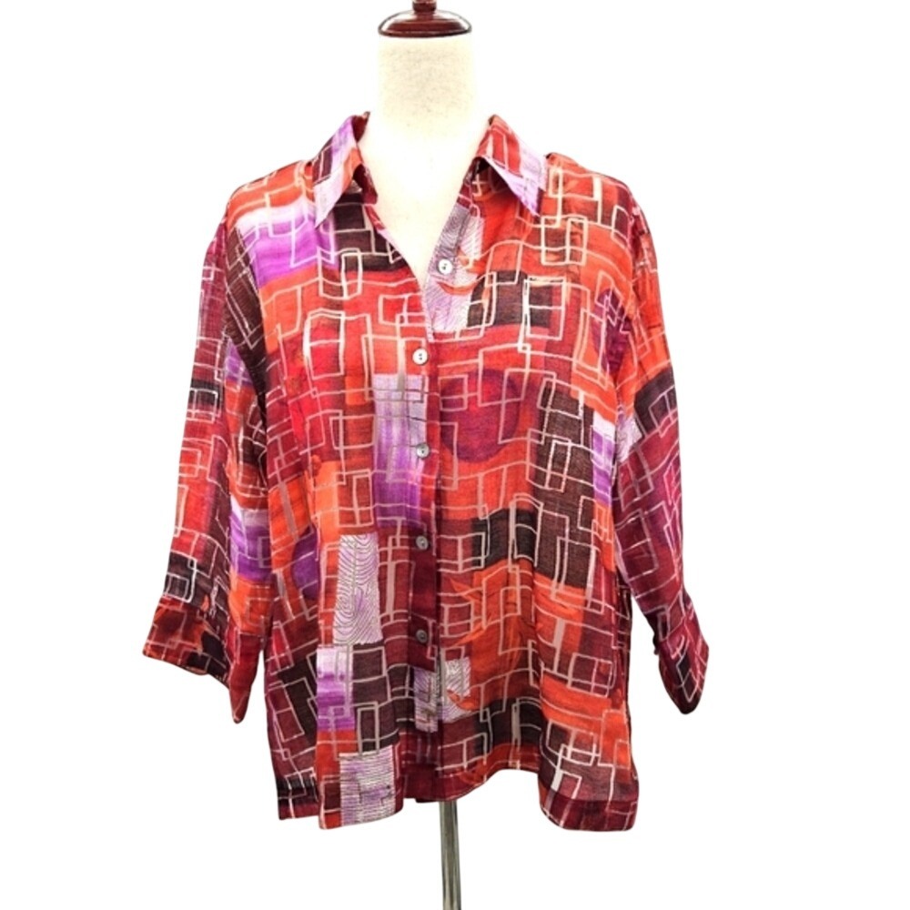 Mirasol Womens XL Red Orange Abstract Geometric 3/4 Sleeve‎ Button Up Shirt